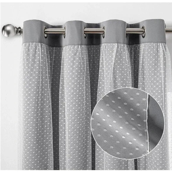 MYSKY HOME Gray Double Layer Blackout Curtains with Polka Dots 52x84", Open Box - Picture 2 of 5
